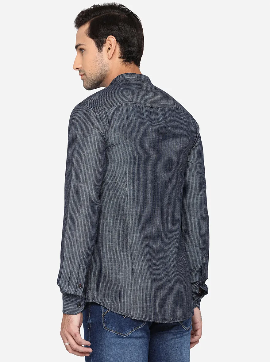 Dark Grey Striped Slim Fit Semi Casual Shirt | JadeBlue