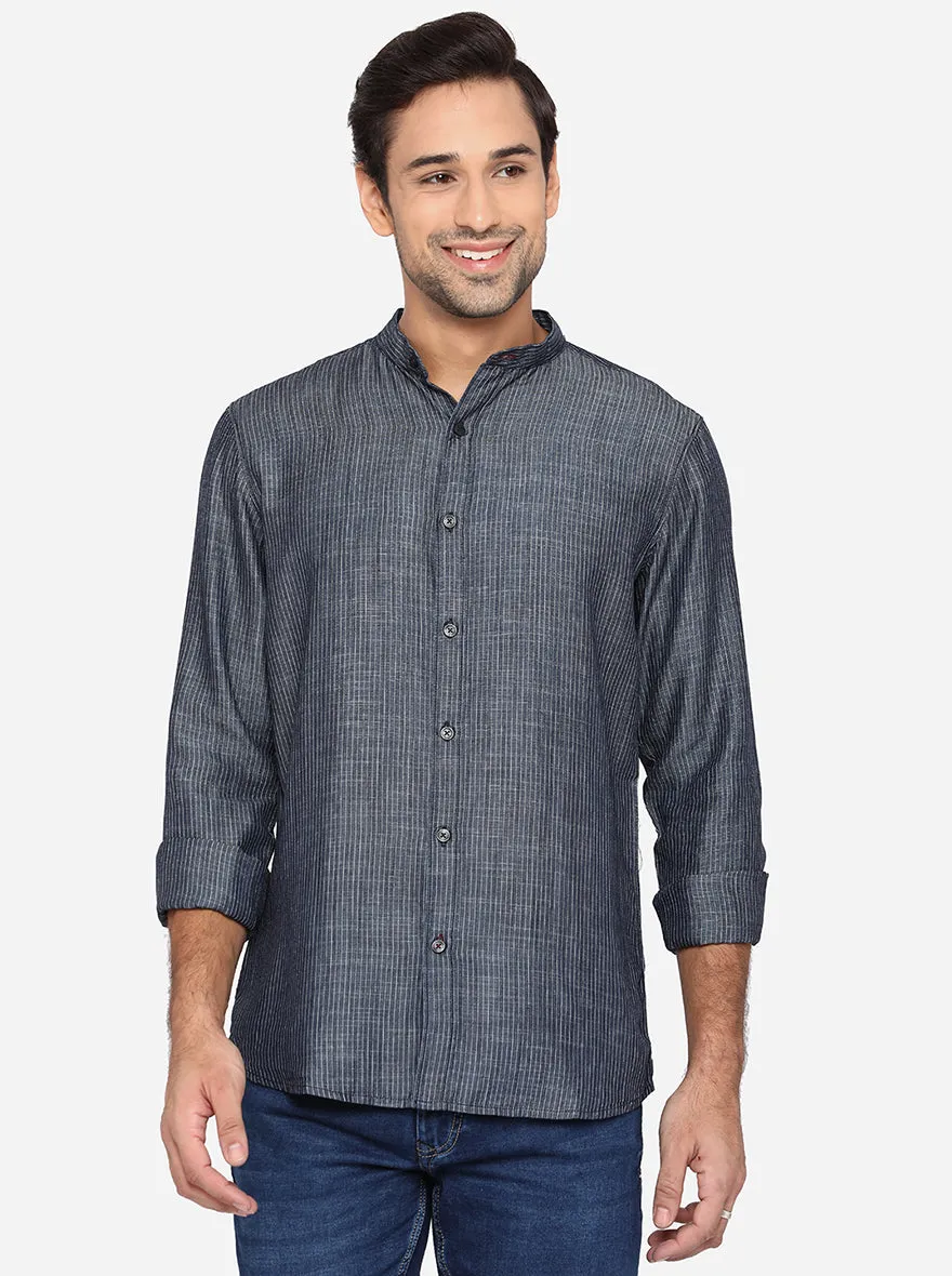 Dark Grey Striped Slim Fit Semi Casual Shirt | JadeBlue