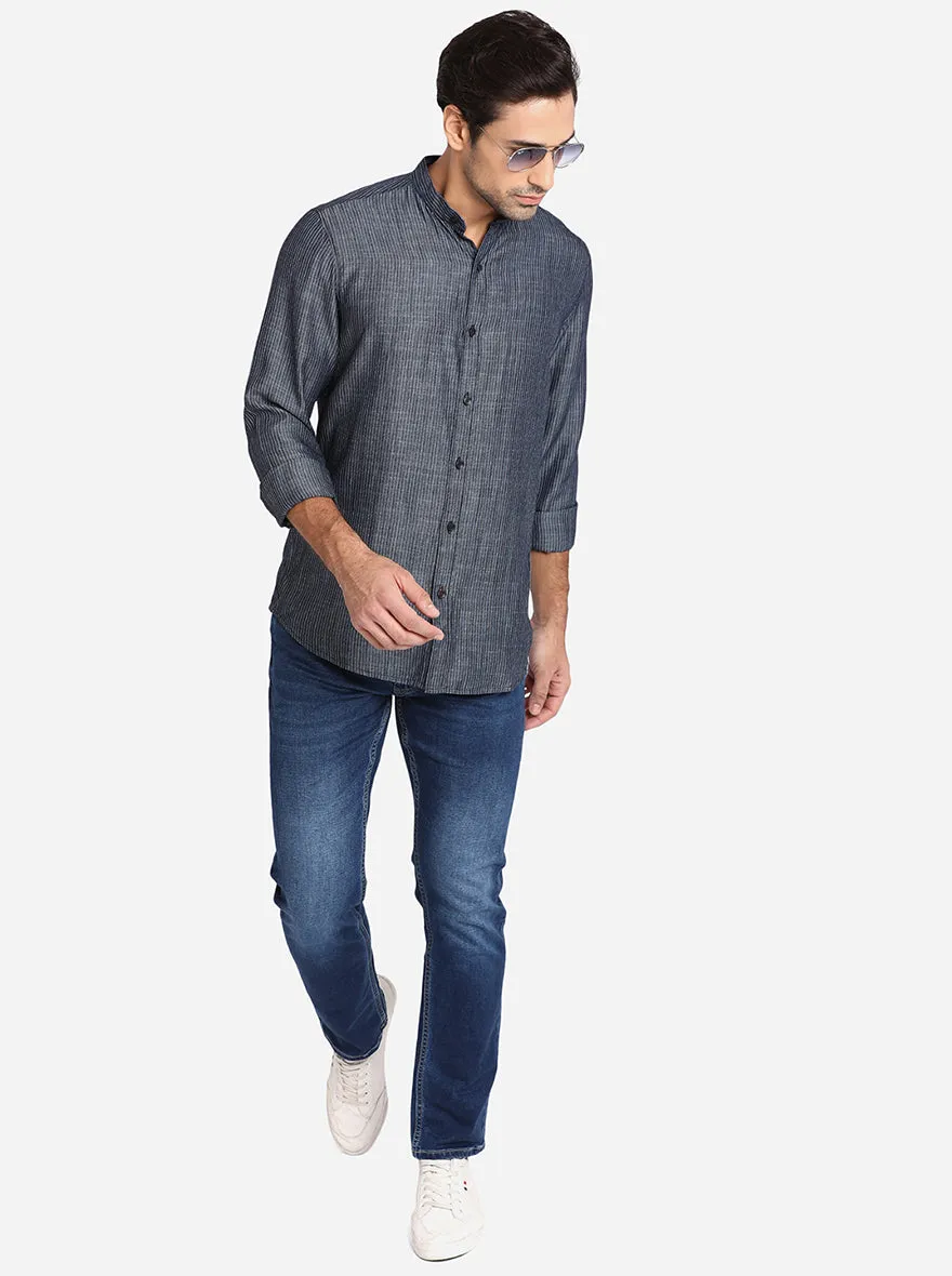 Dark Grey Striped Slim Fit Semi Casual Shirt | JadeBlue