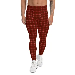 Dark Red Plaid Men's Leggings, Traditional Preppy Tartan Print Meggings-Made in USA/EU