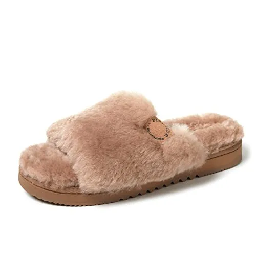 Dearfoams Women's Fireside Cairns Shearling Easy on/Off Slide Sandal Slipper, Driftwood, 7 W US