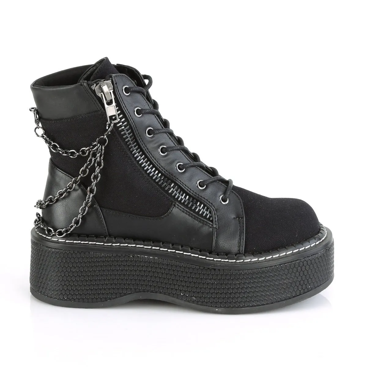 Demonia EMILY-114 | Black Canvas & Vegan Leather Ankle Boots