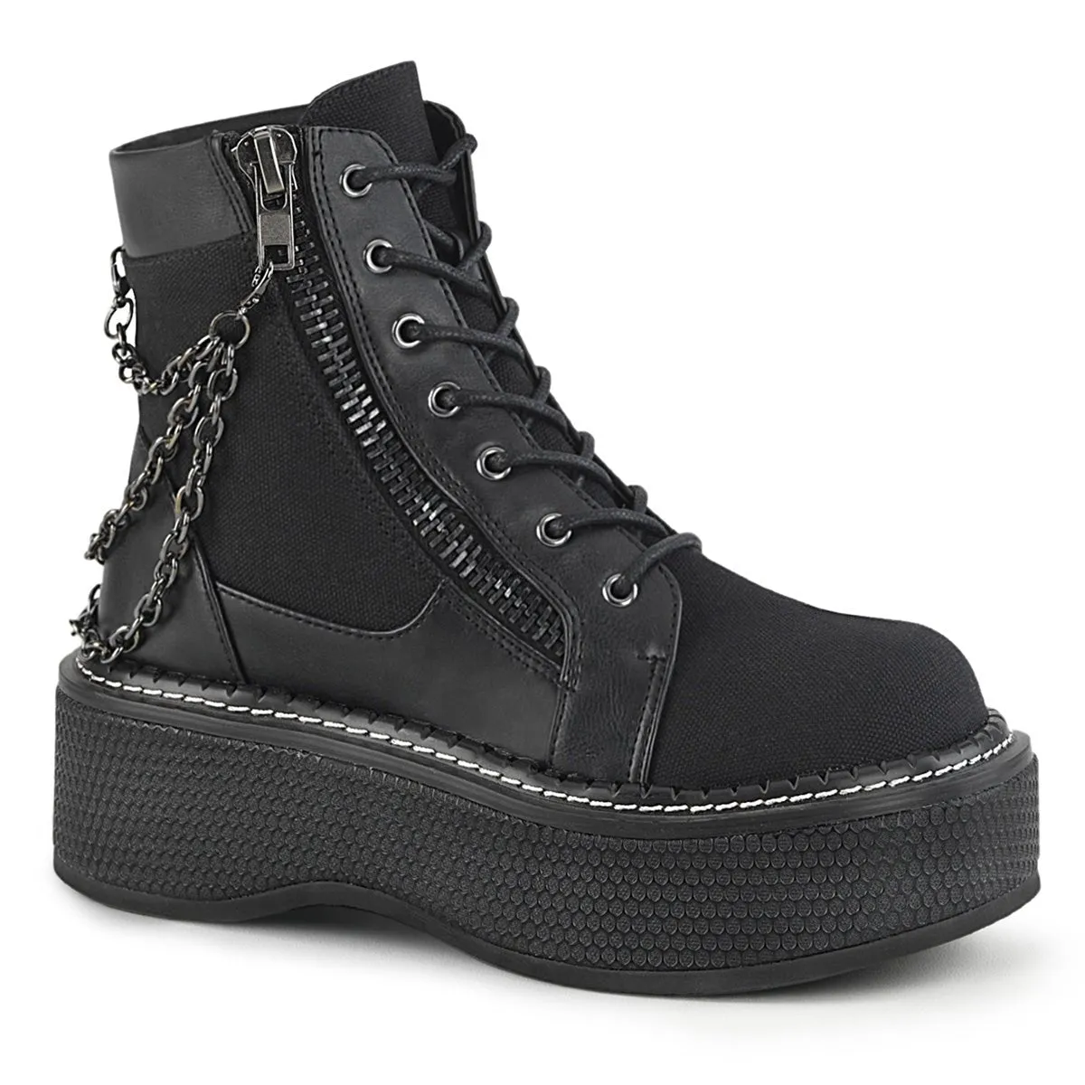 Demonia EMILY-114 | Black Canvas & Vegan Leather Ankle Boots