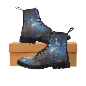 Galaxy boots Women's Vegan Canvas Lace Up Shoes, Blue Universe Space Constellation Festival Print Black Ankle Combat, Casual Custom Gift