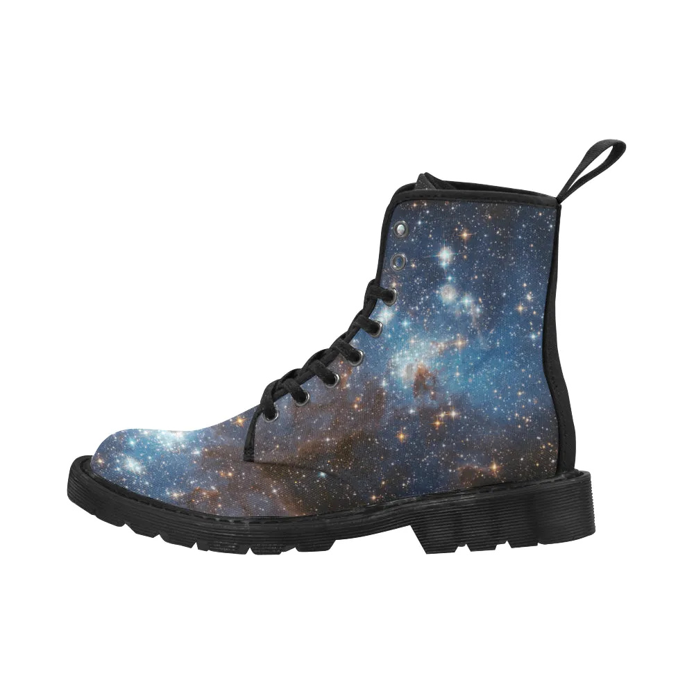 Galaxy boots Women's Vegan Canvas Lace Up Shoes, Blue Universe Space Constellation Festival Print Black Ankle Combat, Casual Custom Gift