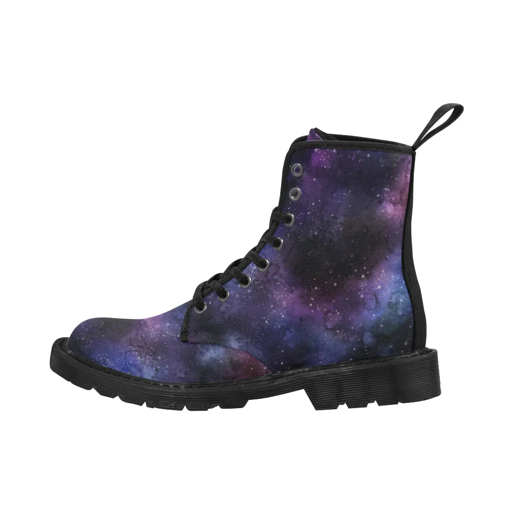 Galaxy Space boots Women's Vegan Canvas Lace Up Shoes, Purple Universe Constellation Festival Print Black Ankle Combat, Casual Custom Gift