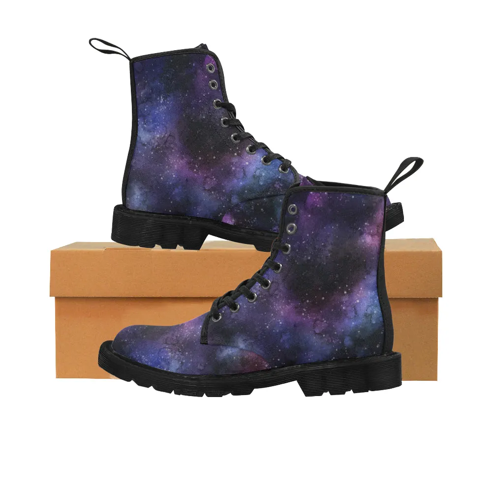 Galaxy Space boots Women's Vegan Canvas Lace Up Shoes, Purple Universe Constellation Festival Print Black Ankle Combat, Casual Custom Gift