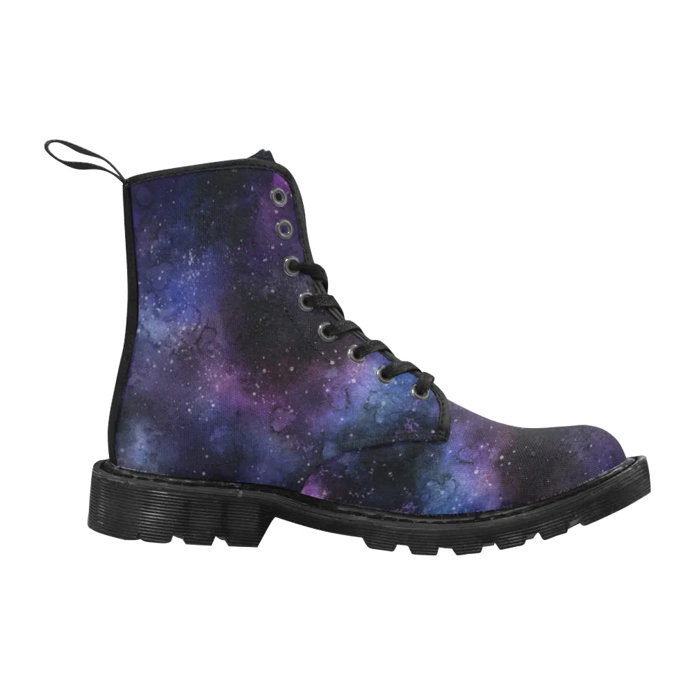 Galaxy Space boots Women's Vegan Canvas Lace Up Shoes, Purple Universe Constellation Festival Print Black Ankle Combat, Casual Custom Gift