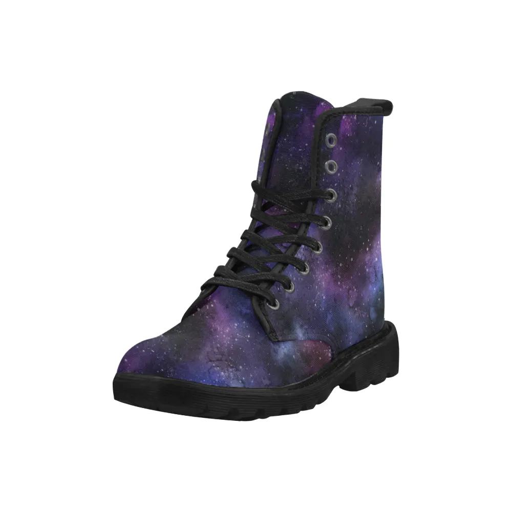 Galaxy Space boots Women's Vegan Canvas Lace Up Shoes, Purple Universe Constellation Festival Print Black Ankle Combat, Casual Custom Gift