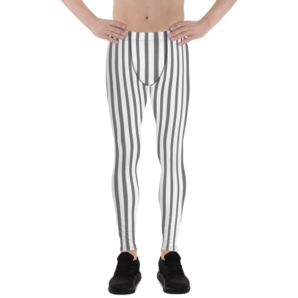 Grey White Striped Men's Leggings, Vertically Striped Gray Meggings Run Tights-Made in USA/EU/MX