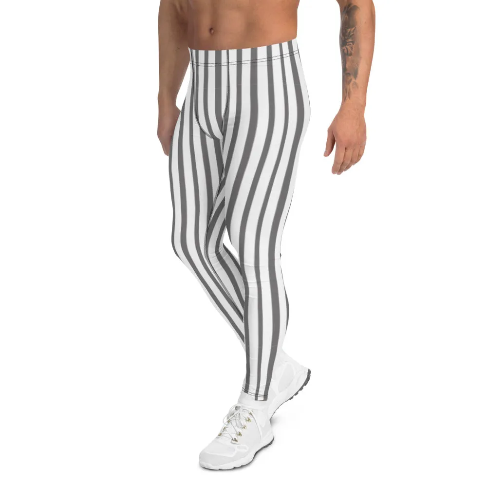 Grey White Striped Men's Leggings, Vertically Striped Gray Meggings Run Tights-Made in USA/EU/MX