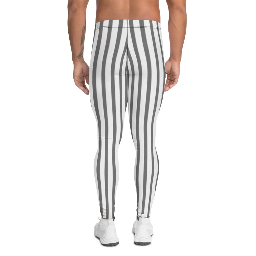 Grey White Striped Men's Leggings, Vertically Striped Gray Meggings Run Tights-Made in USA/EU/MX