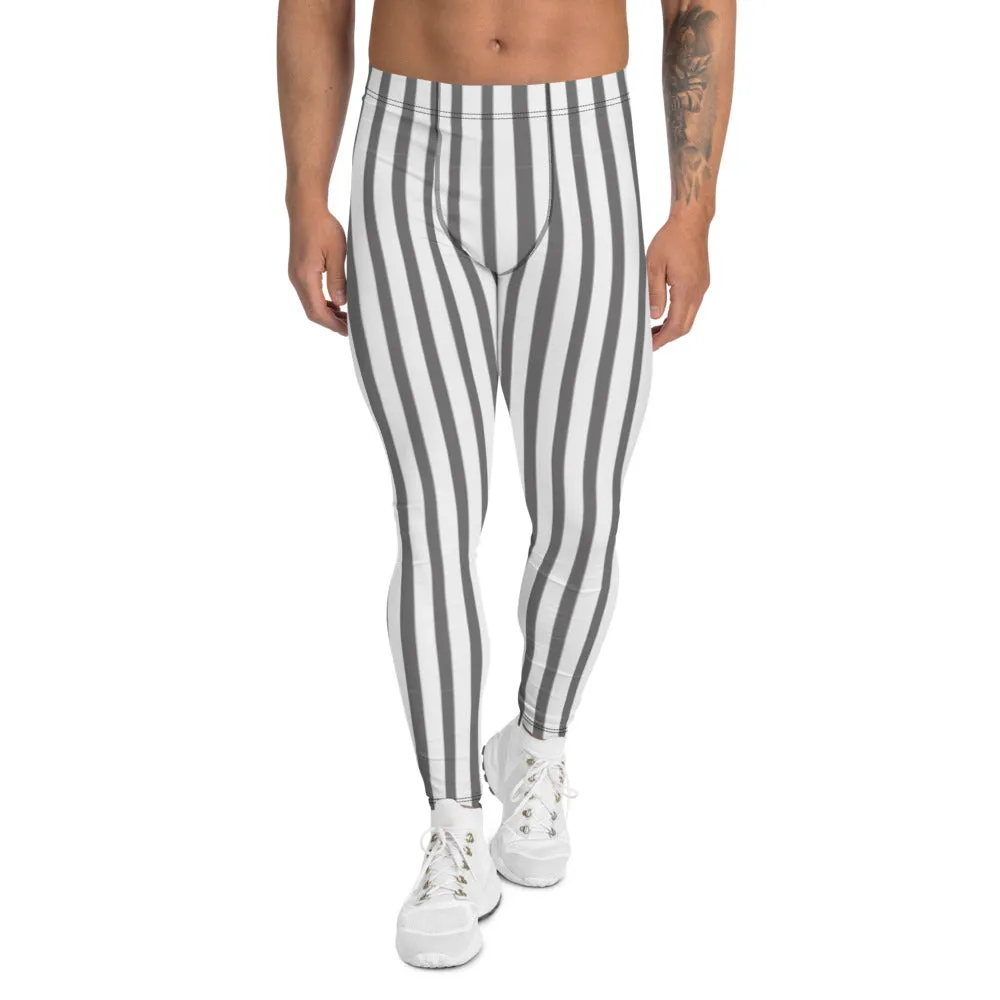 Grey White Striped Men's Leggings, Vertically Striped Gray Meggings Run Tights-Made in USA/EU/MX