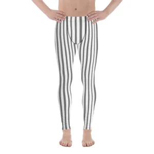 Grey White Striped Men's Leggings, Vertically Striped Gray Meggings Run Tights-Made in USA/EU/MX