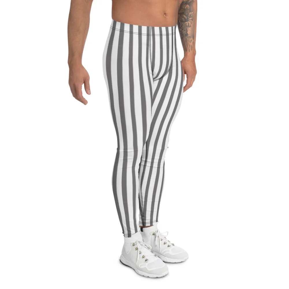 Grey White Striped Men's Leggings, Vertically Striped Gray Meggings Run Tights-Made in USA/EU/MX