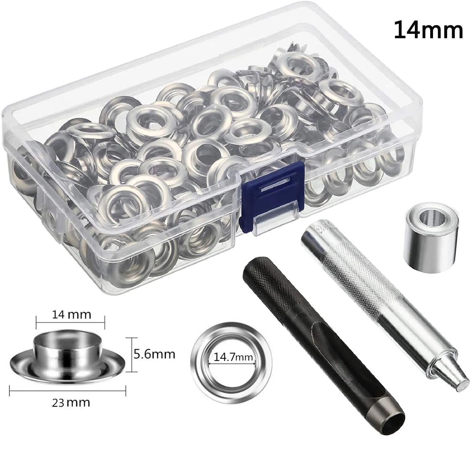 Grommet Tool Kit 100 Sets Grommets Eyelets 6mm 10mm 12mm 14mm Inside Diameter Silver for Clothes Shoes Bag Leather Crafts DIY