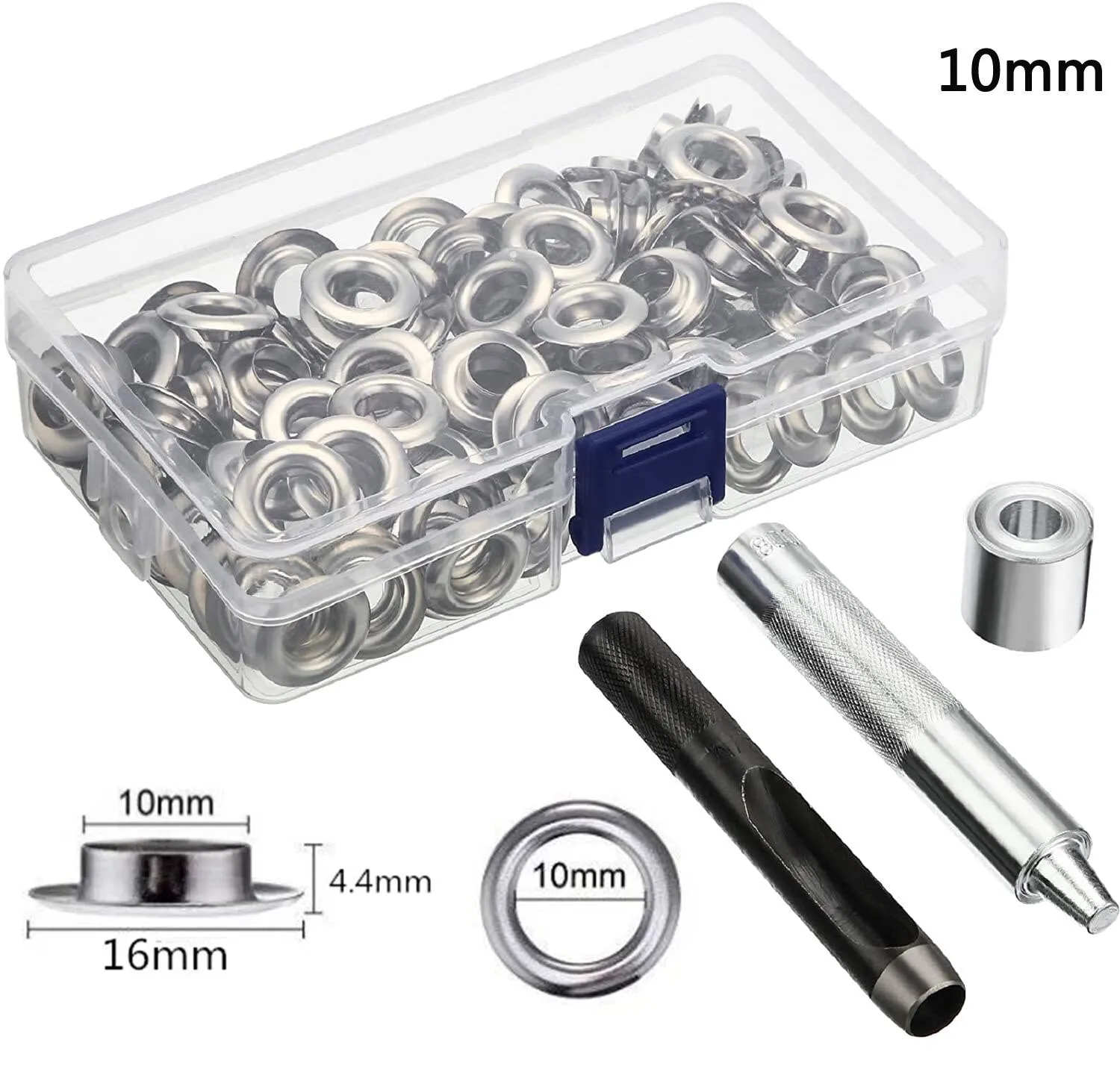 Grommet Tool Kit 100 Sets Grommets Eyelets 6mm 10mm 12mm 14mm Inside Diameter Silver for Clothes Shoes Bag Leather Crafts DIY