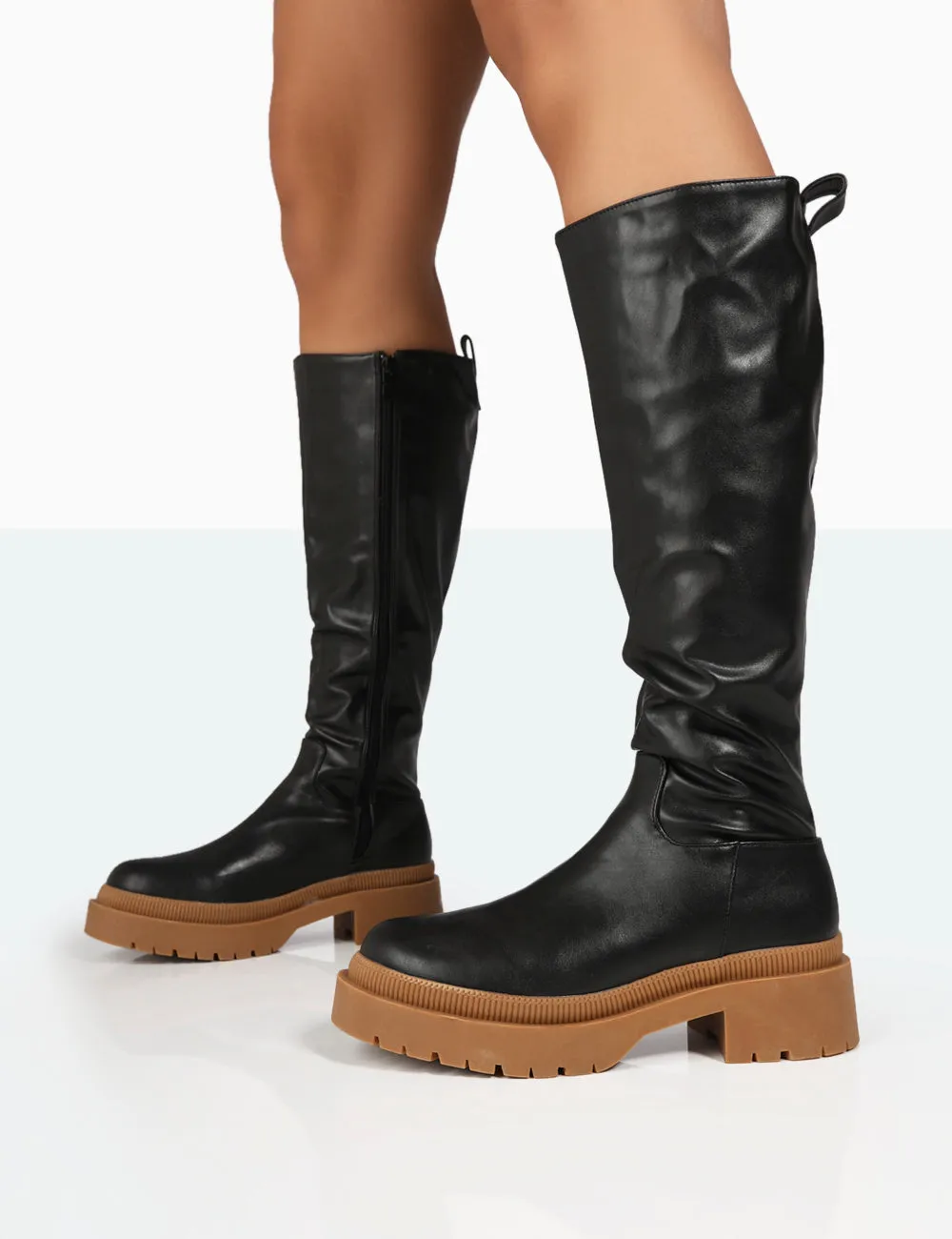 Jersey Black Pu Contrasting Chunky Sole Knee High Boots