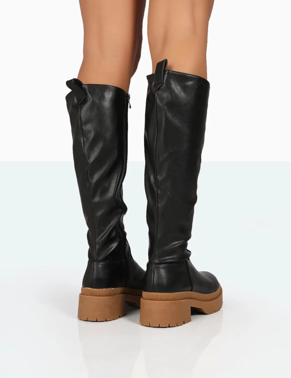 Jersey Black Pu Contrasting Chunky Sole Knee High Boots