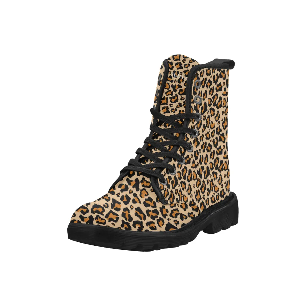 Leopard Women's Boots, Animal Print Vegan Canvas Lace Up Shoes, Black Brown Cheetah Print Army Ankle Combat, Winter Casual Custom Gift