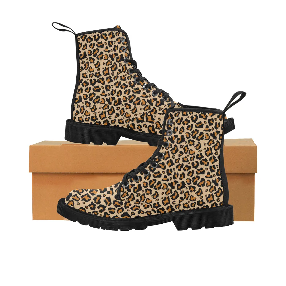 Leopard Women's Boots, Animal Print Vegan Canvas Lace Up Shoes, Black Brown Cheetah Print Army Ankle Combat, Winter Casual Custom Gift