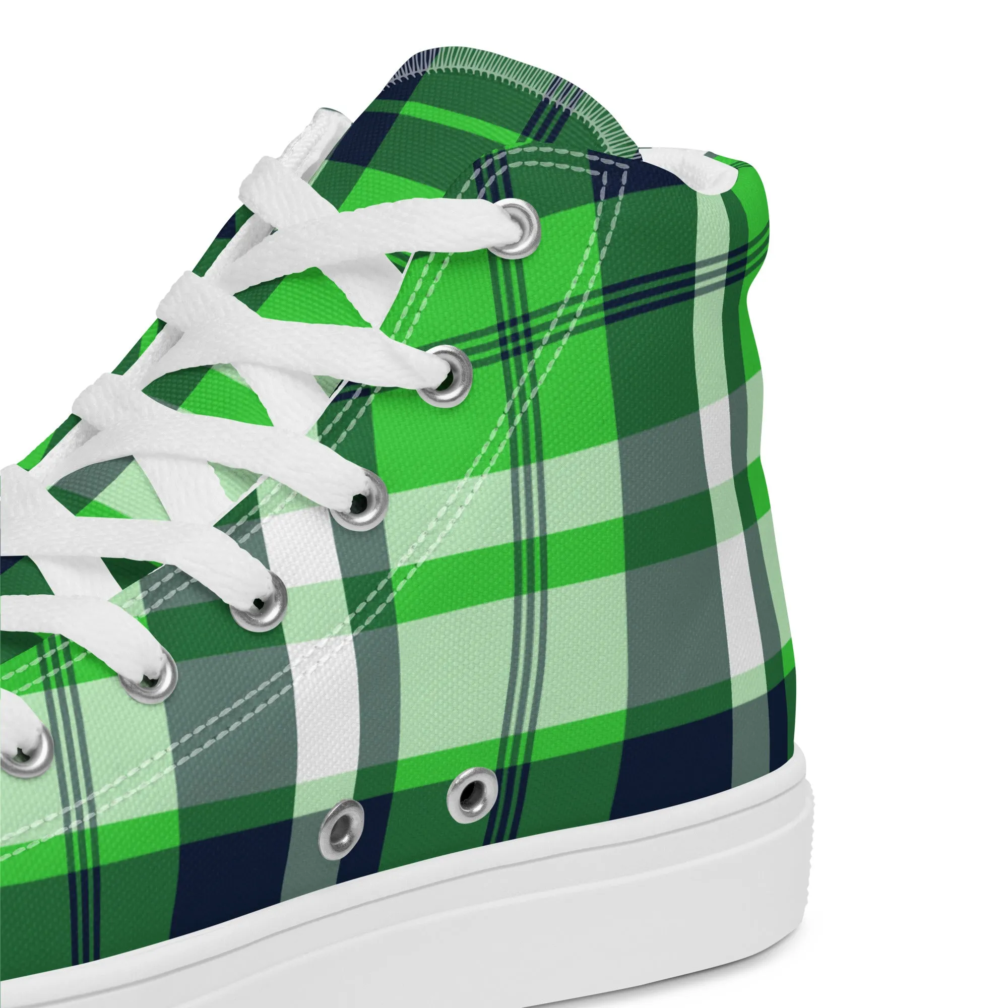 Lime and Navy Blue Surfer Girl Plaid Women’s High Top Canvas Shoes