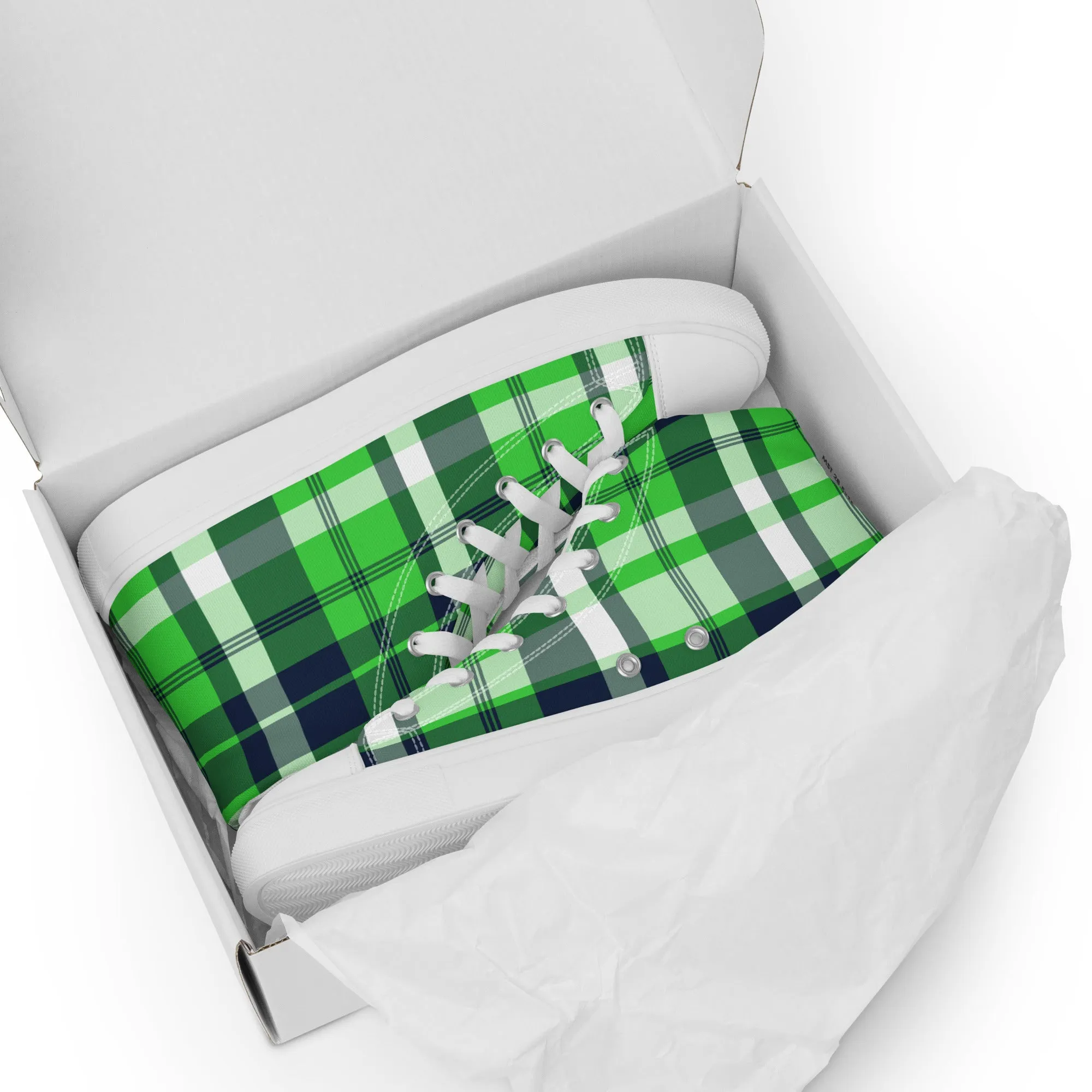 Lime and Navy Blue Surfer Girl Plaid Women’s High Top Canvas Shoes