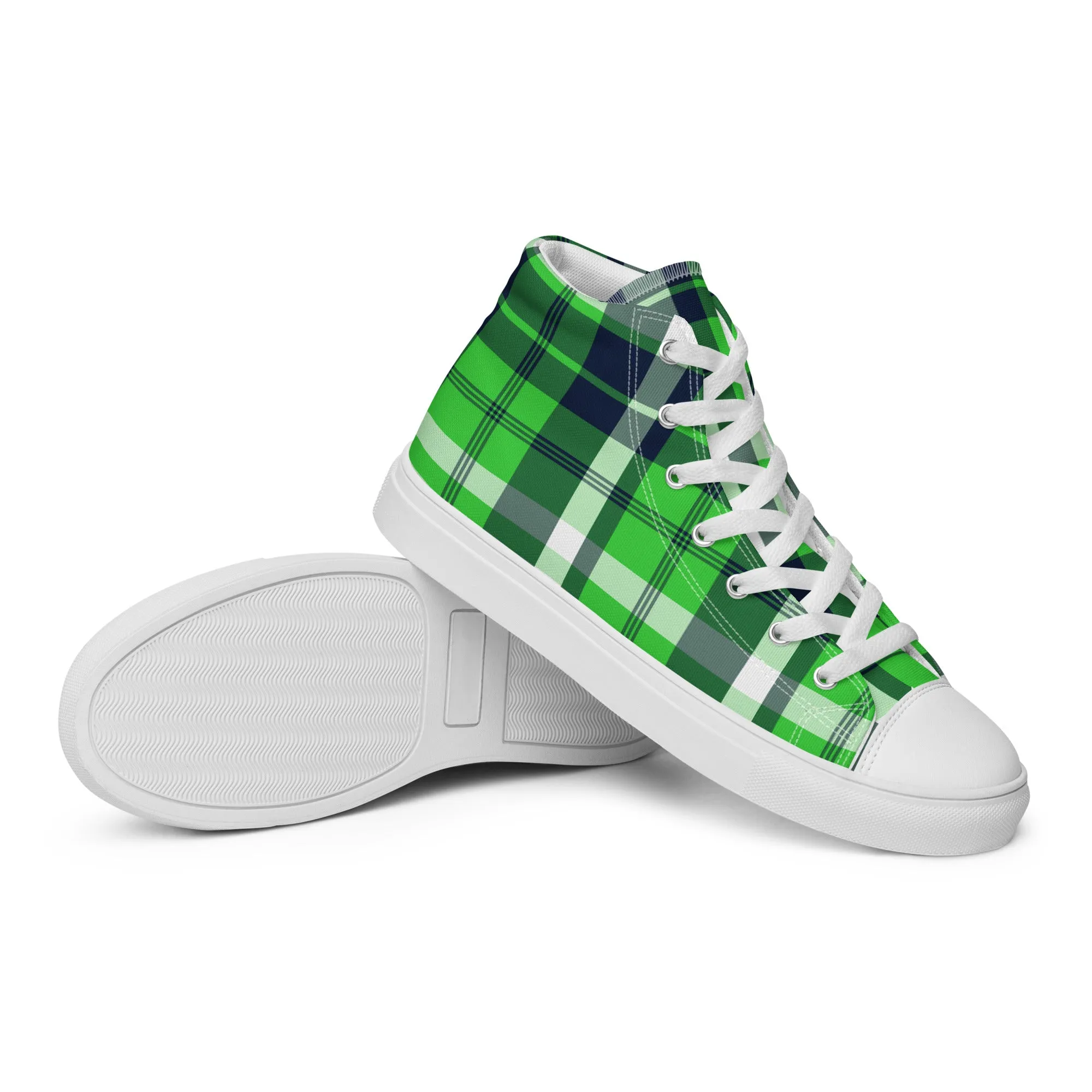 Lime and Navy Blue Surfer Girl Plaid Women’s High Top Canvas Shoes