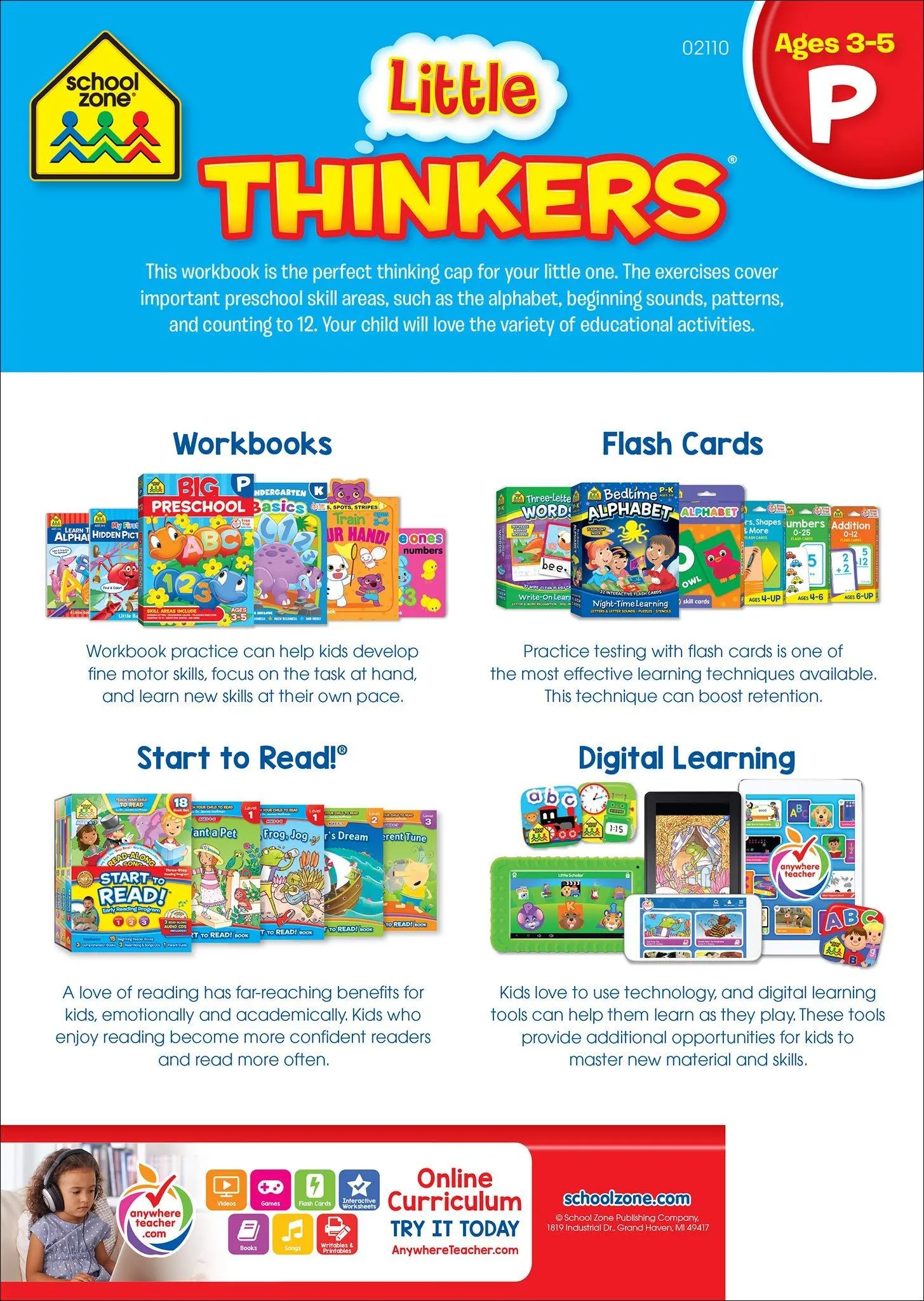 Little Thinkers Preschool Workbook - 32 Pages, Ages 3 to 5, Beginning Sounds, Patterns, Alphabet, Counting 0-12, and More