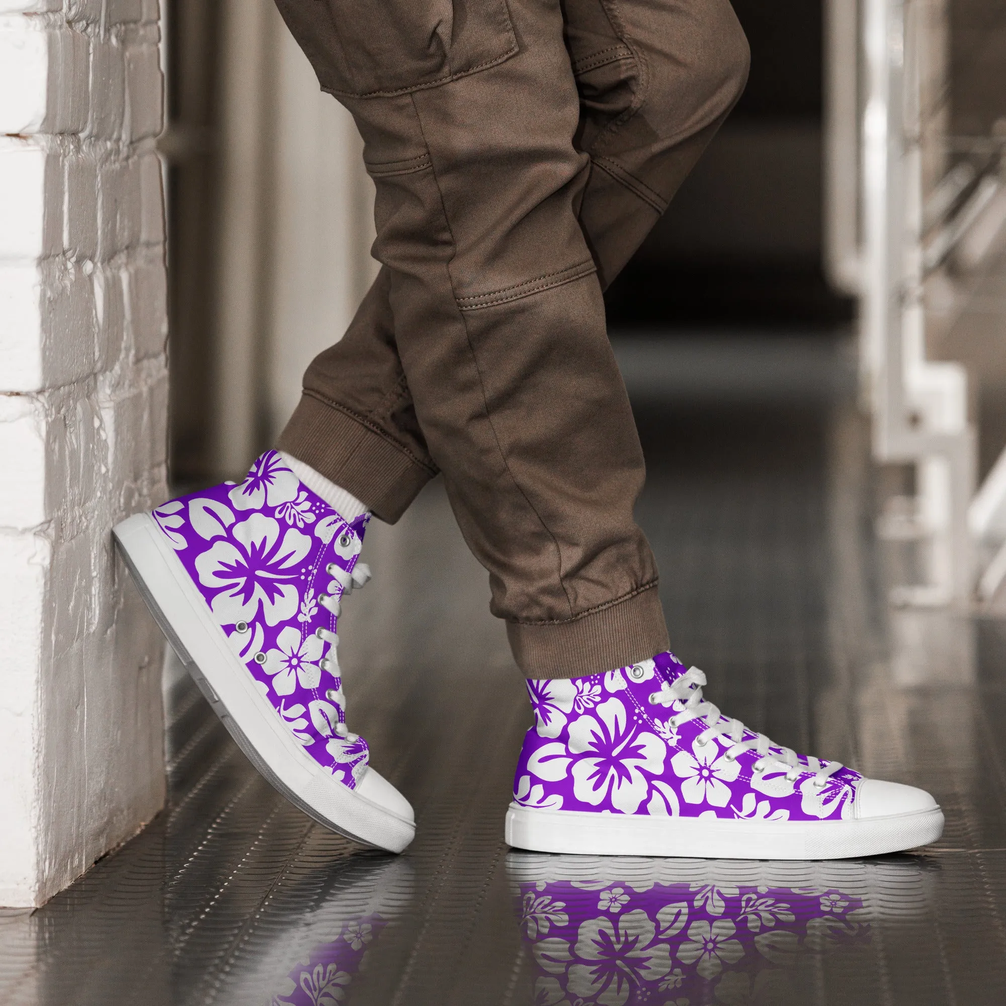 Men’s Purple and White Hawaiian Print High Top Shoes