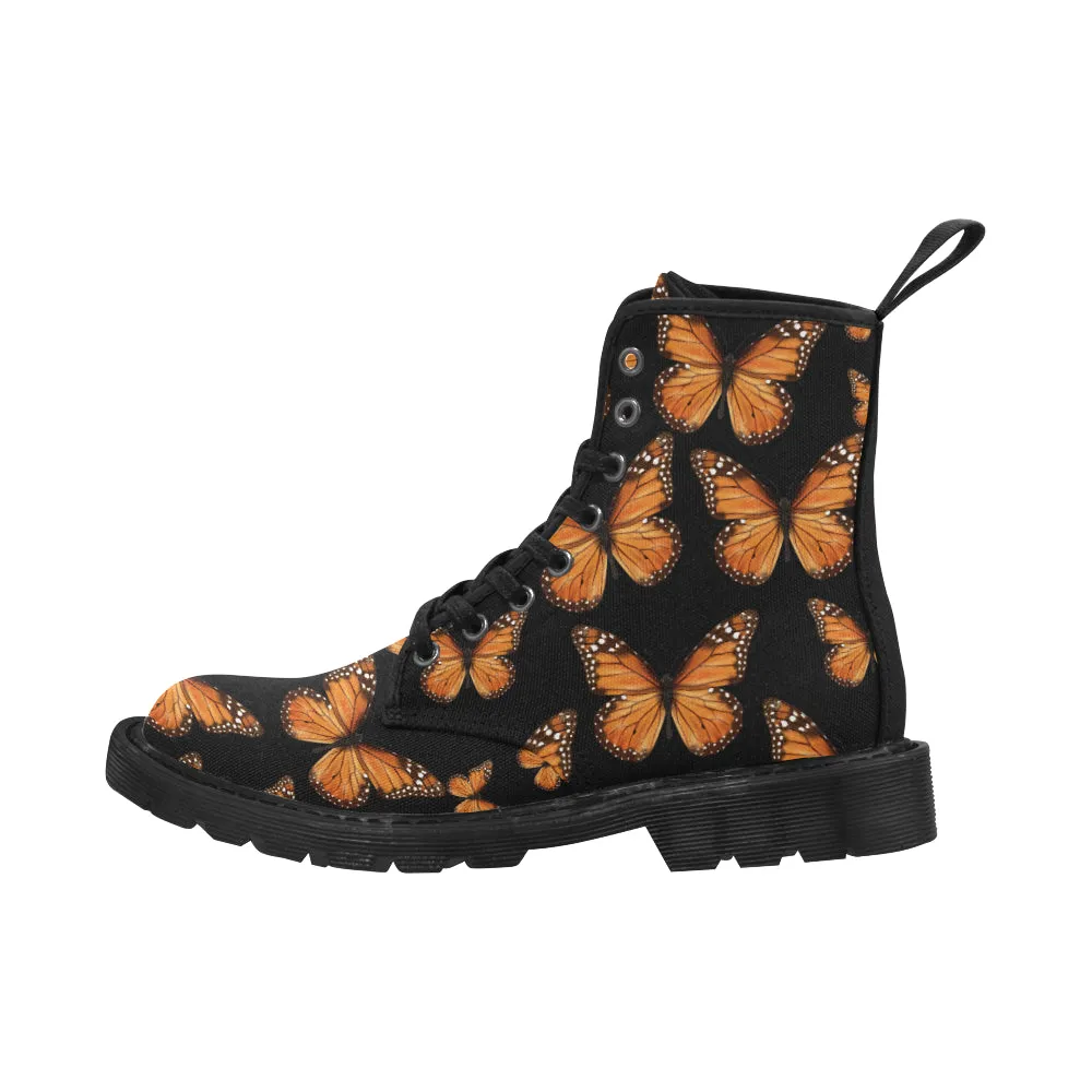 Monarch Butterfly Women's Boots, Insect Pattern Vegan Canvas Festival Party Lace Up Shoes Fashion Print Ankle Combat Casual Custom Gift