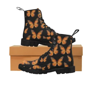 Monarch Butterfly Women's Boots, Insect Pattern Vegan Canvas Festival Party Lace Up Shoes Fashion Print Ankle Combat Casual Custom Gift