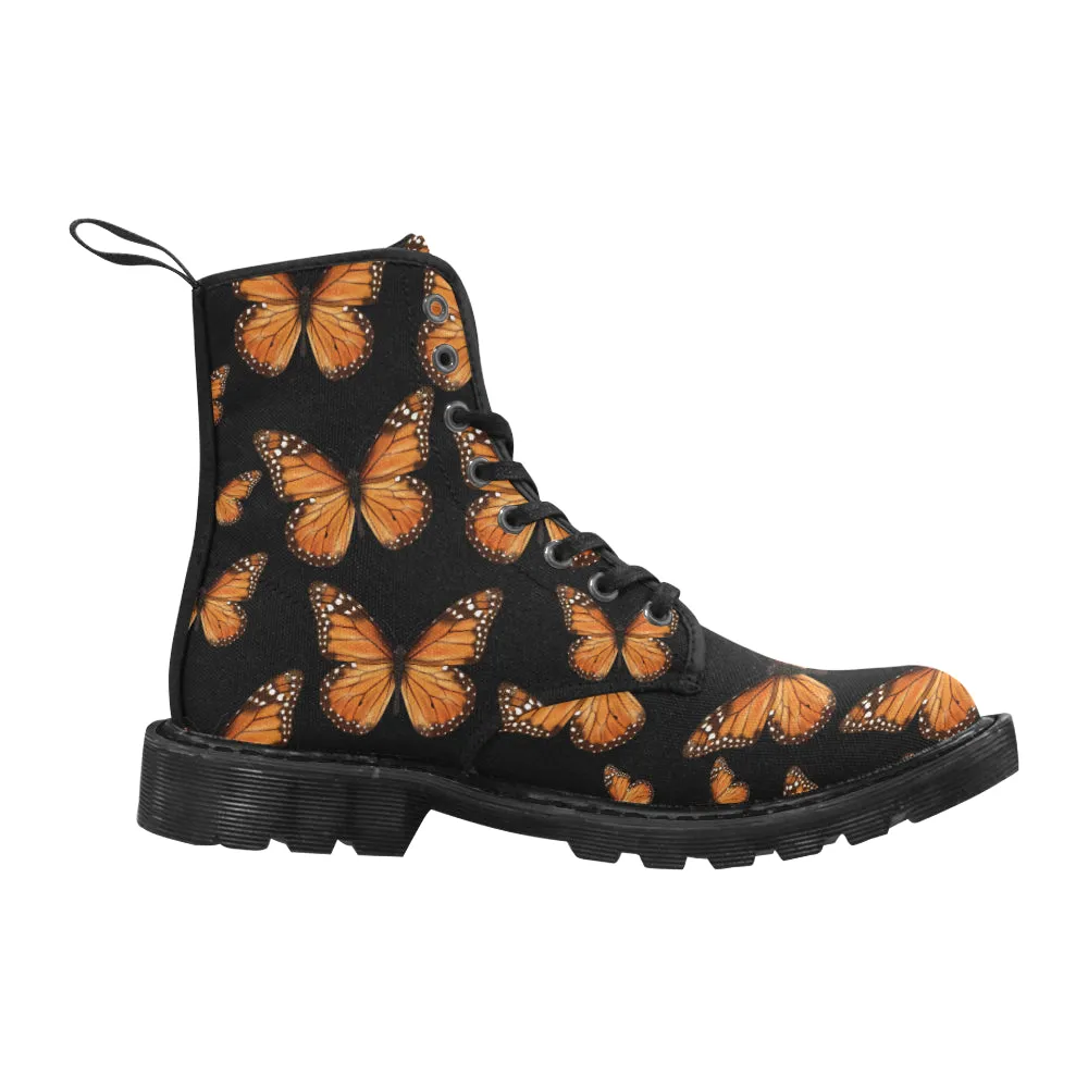 Monarch Butterfly Women's Boots, Insect Pattern Vegan Canvas Festival Party Lace Up Shoes Fashion Print Ankle Combat Casual Custom Gift