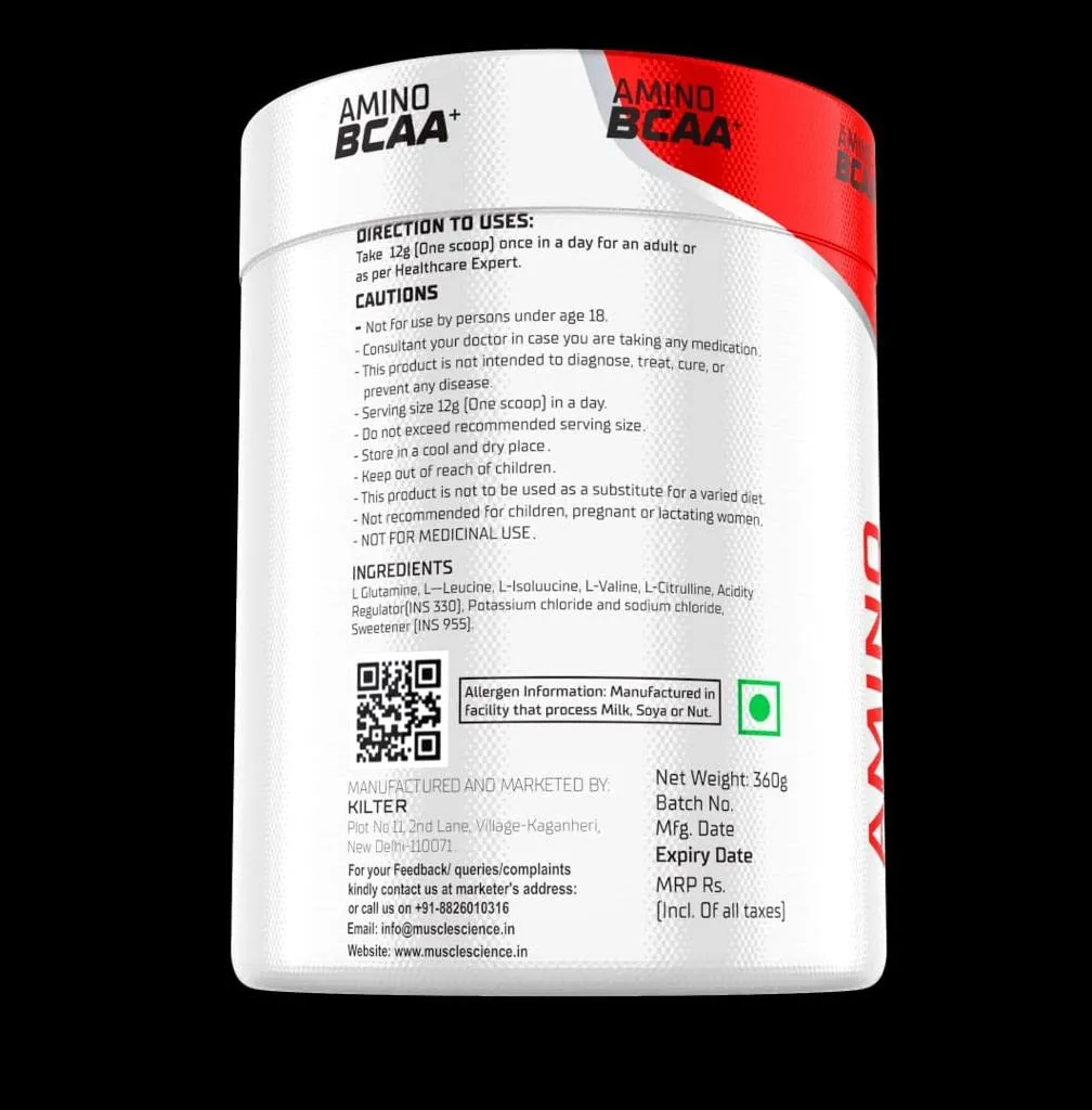 Muscle Science Amino BCAA Intra Workout/Post Workout, 5.5 Gm Micronized Vegan BCAA, 3.5 Gm Glutamine, 1Gm Citrulline & 585 mg Electrolytes, Muscle Recovery & Growth | FREE STEEL SHAKER (MOJITO MARGARITA)