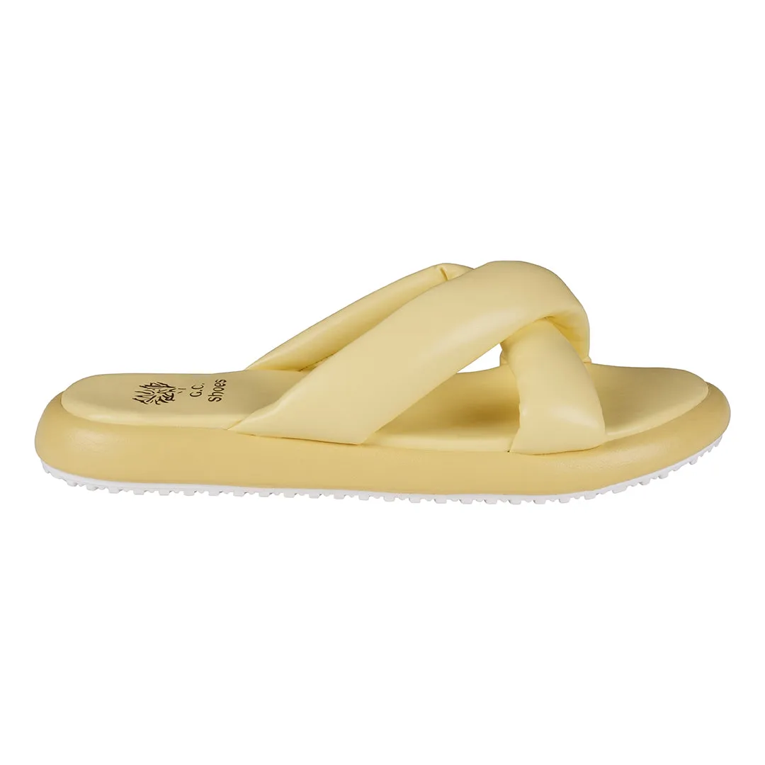 Nalani Yellow Cross-Strap Slide Flat Sandals