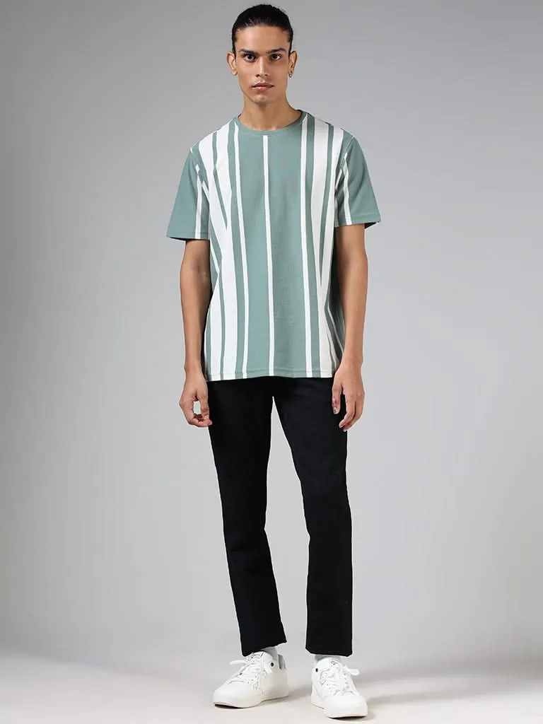 Nuon Sage Green & White Striped Cotton Blend Slim-Fit T-Shirt