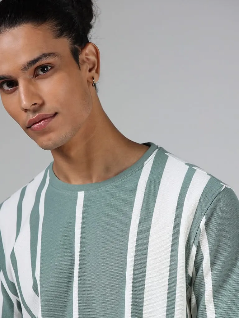 Nuon Sage Green & White Striped Cotton Blend Slim-Fit T-Shirt