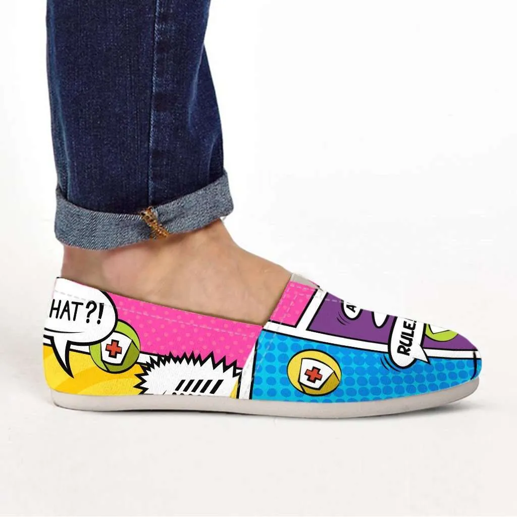 Personalize it Nurse Themed Comic Strip Casual Canvas Slip on Women's Flats (Your Text in 3 Main Bubbles)