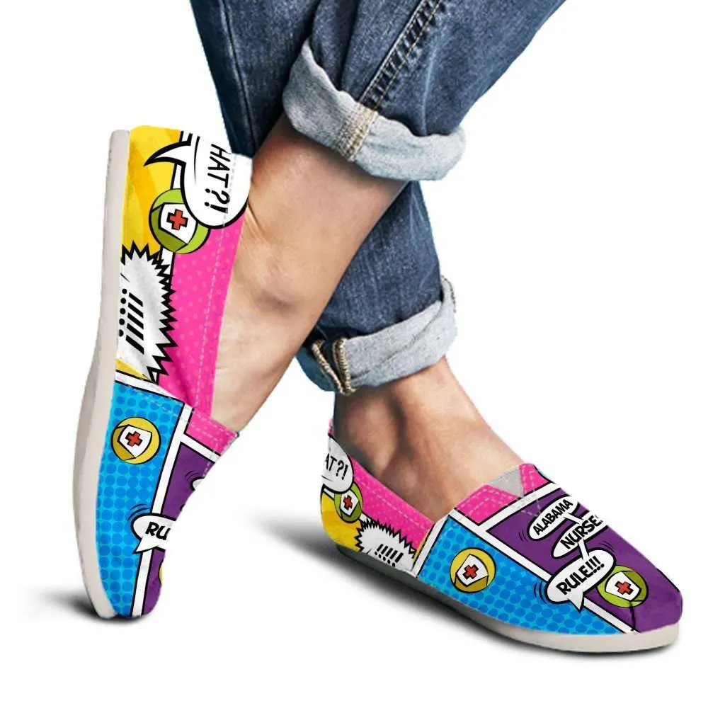 Personalize it Nurse Themed Comic Strip Casual Canvas Slip on Women's Flats (Your Text in 3 Main Bubbles)