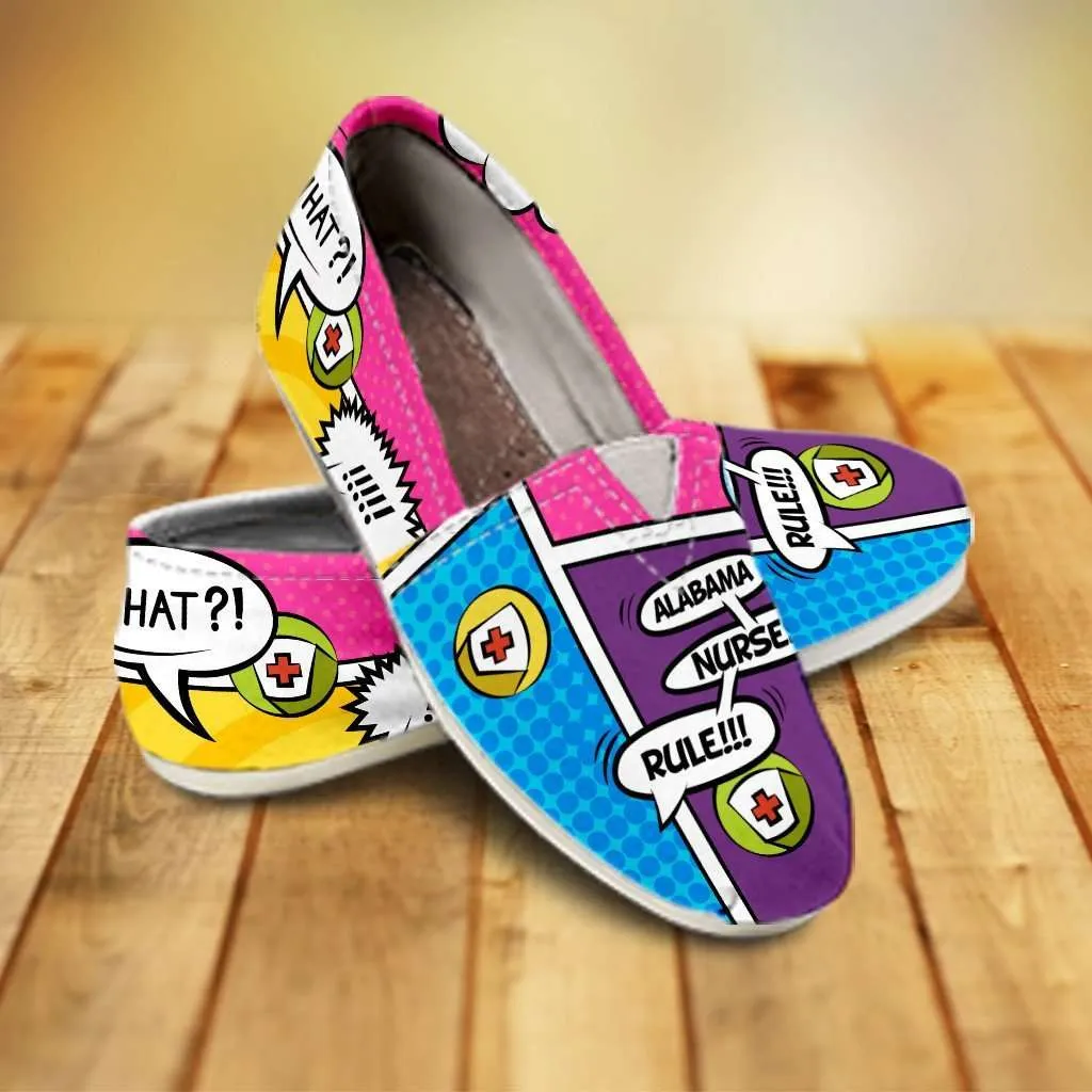 Personalize it Nurse Themed Comic Strip Casual Canvas Slip on Women's Flats (Your Text in 3 Main Bubbles)