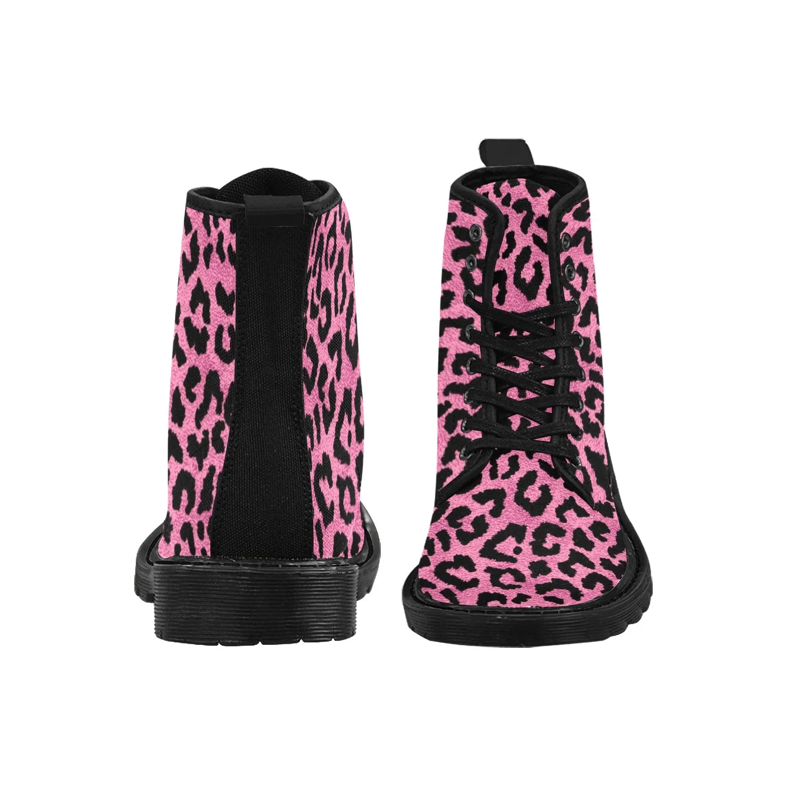 Pink Leopard Women's Boots, Animal Print Vegan Canvas Lace Up Shoes Black Cheetah Festival Army Ankle Combat Winter Casual Custom Gift