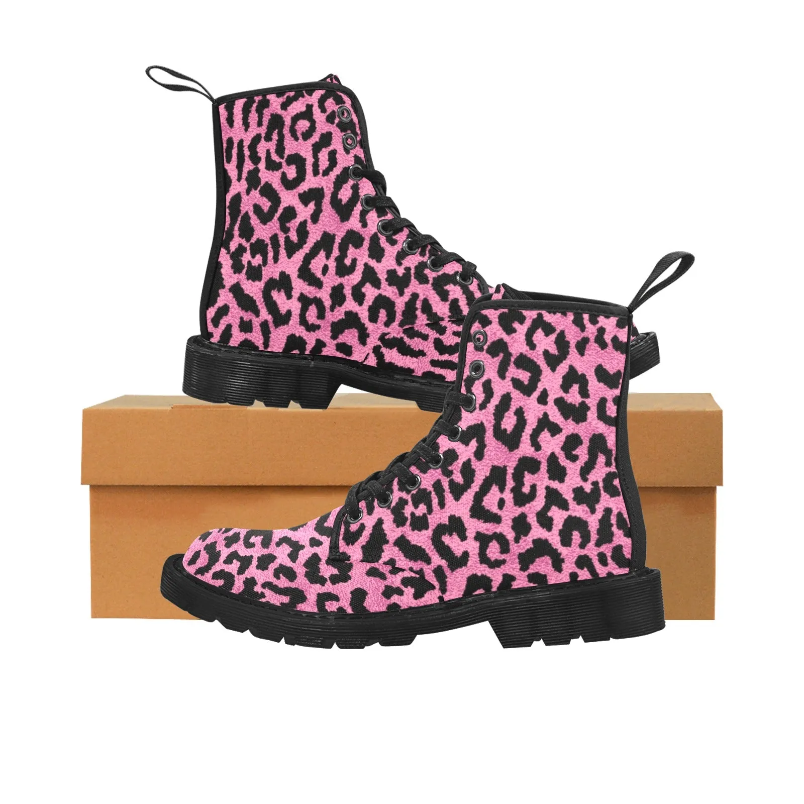 Pink Leopard Women's Boots, Animal Print Vegan Canvas Lace Up Shoes Black Cheetah Festival Army Ankle Combat Winter Casual Custom Gift