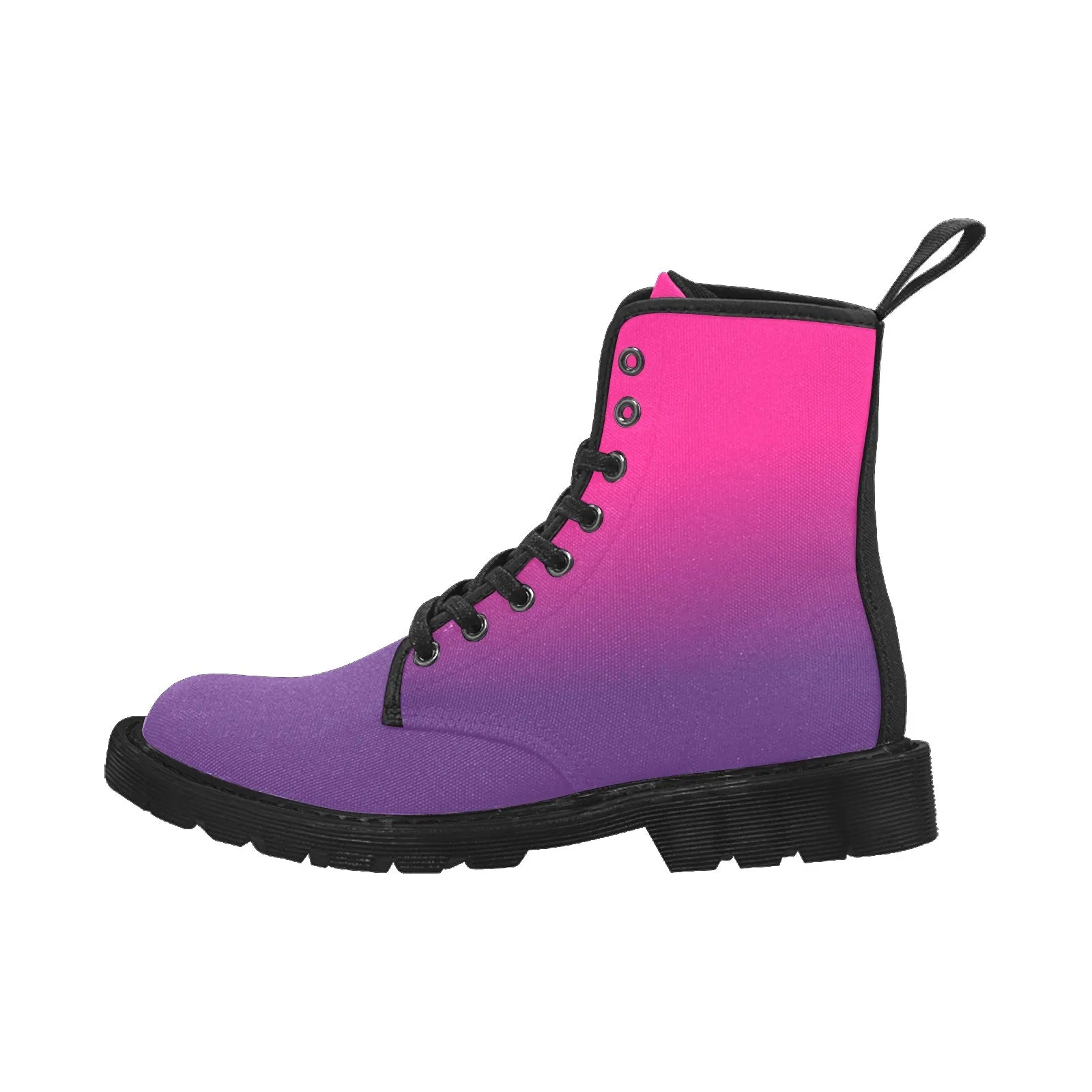 Pink Purple Ombre Women's Boots, Gradient Dip Dye Vegan Canvas Lace Up Shoes Print Army Ankle Combat Winter Casual Custom Gift