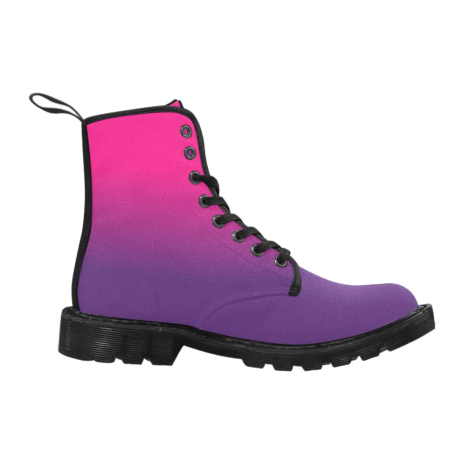 Pink Purple Ombre Women's Boots, Gradient Dip Dye Vegan Canvas Lace Up Shoes Print Army Ankle Combat Winter Casual Custom Gift