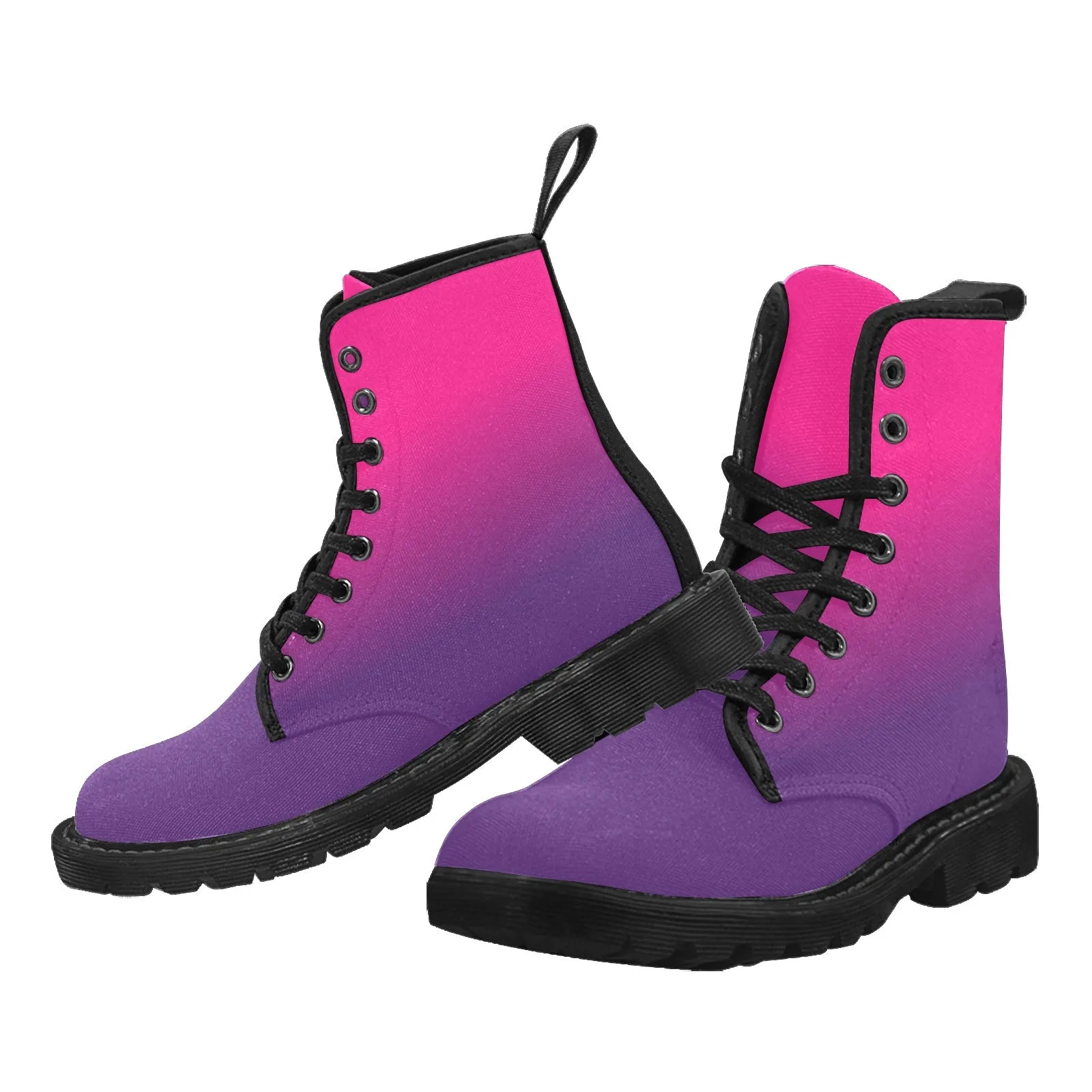 Pink Purple Ombre Women's Boots, Gradient Dip Dye Vegan Canvas Lace Up Shoes Print Army Ankle Combat Winter Casual Custom Gift