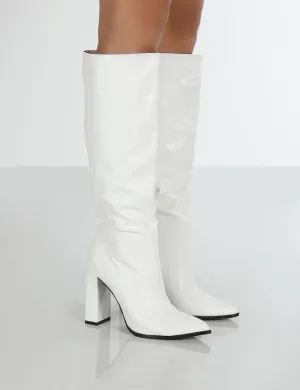 Posie Wide Fit White Pu Knee High Block Heel Boots