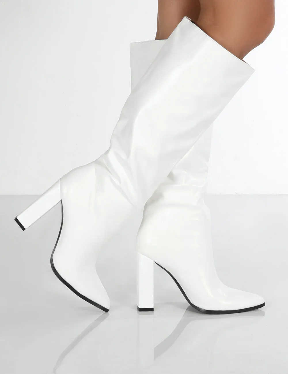 Posie Wide Fit White Pu Knee High Block Heel Boots