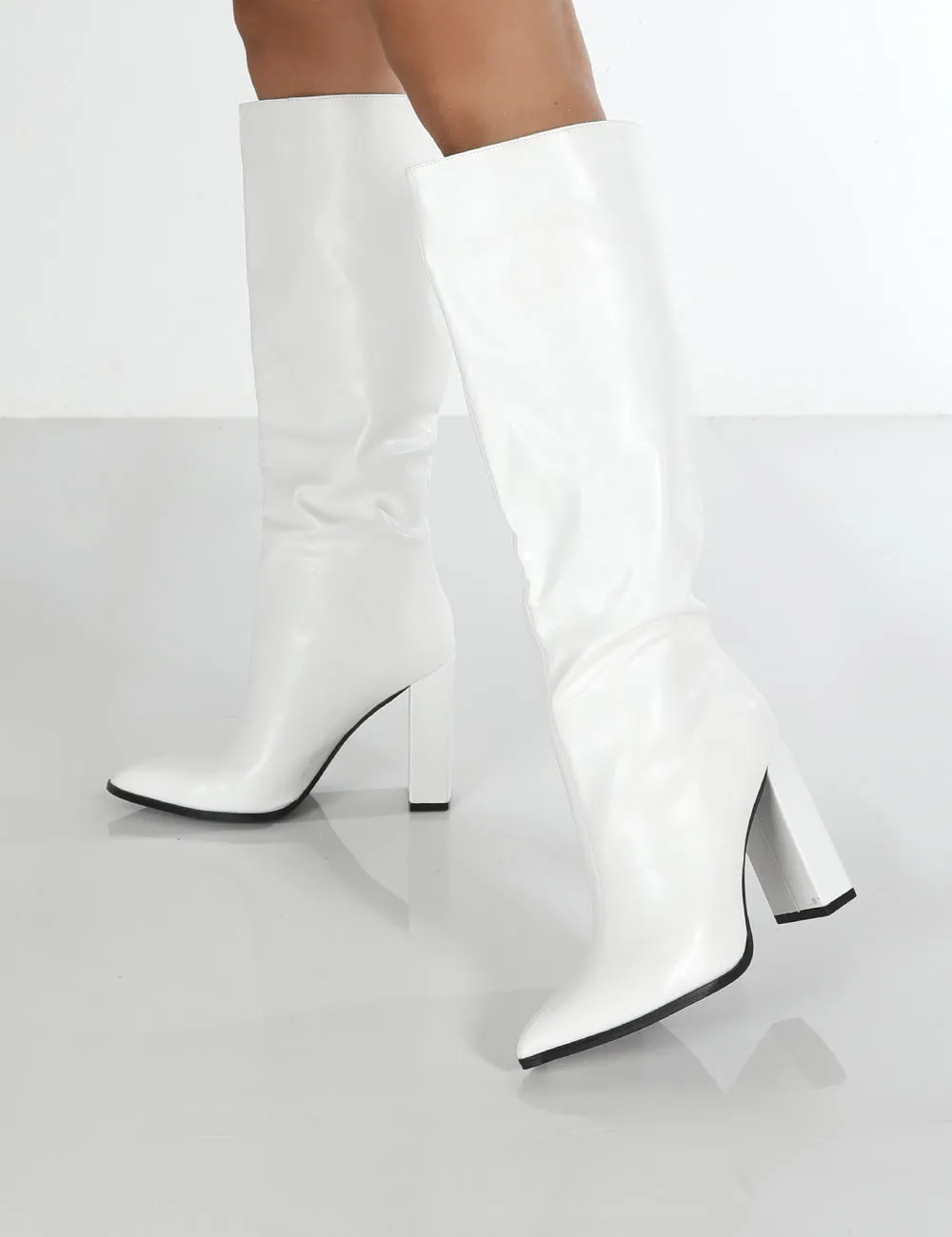 Posie Wide Fit White Pu Knee High Block Heel Boots