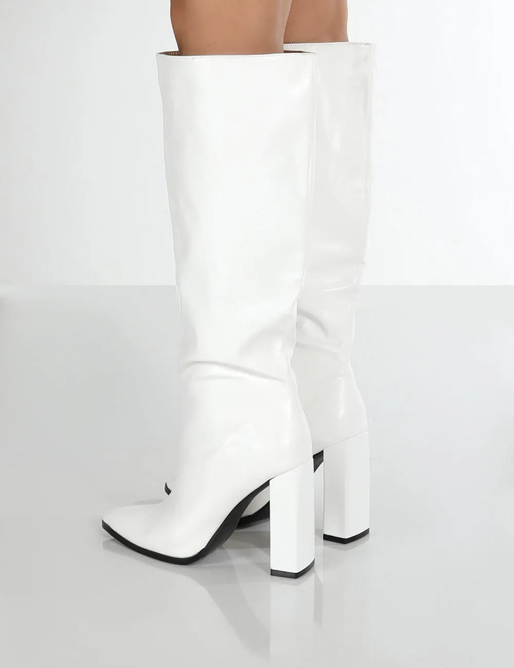 Posie Wide Fit White Pu Knee High Block Heel Boots