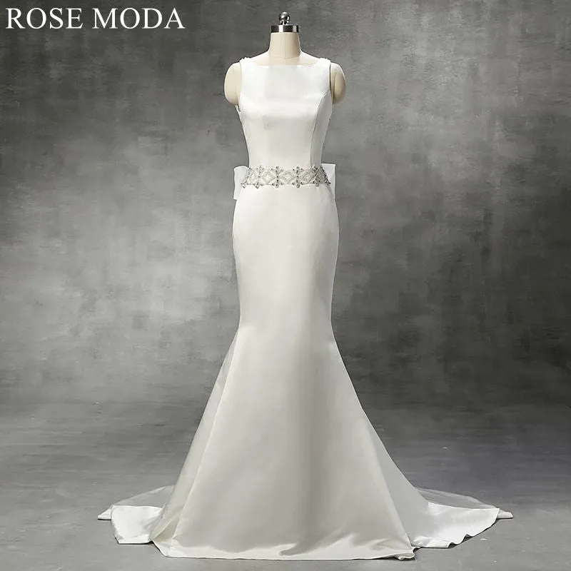 Rosemoda Criss-cross Beaded Satin Mermaid Wedding Dress